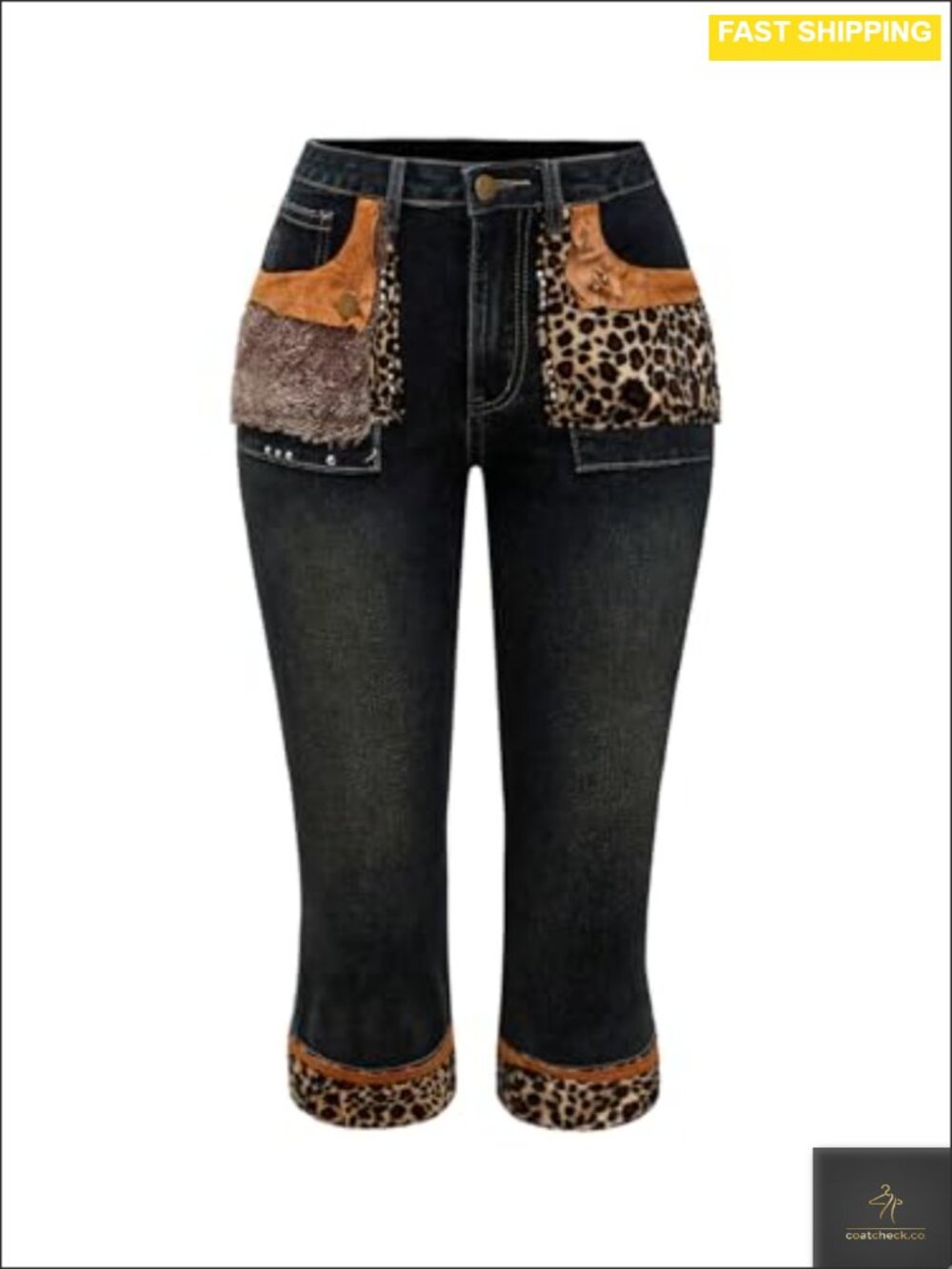 Faux Fur Leopard Print Low Rise Skinny Capris Jeans